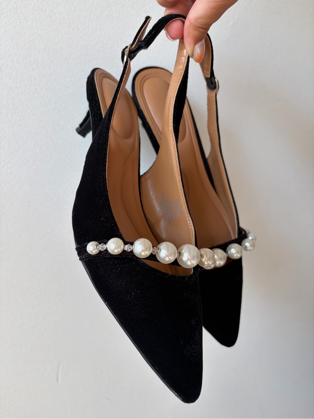 Black Suede Pearl-Embellished Slingback Kitten Heels